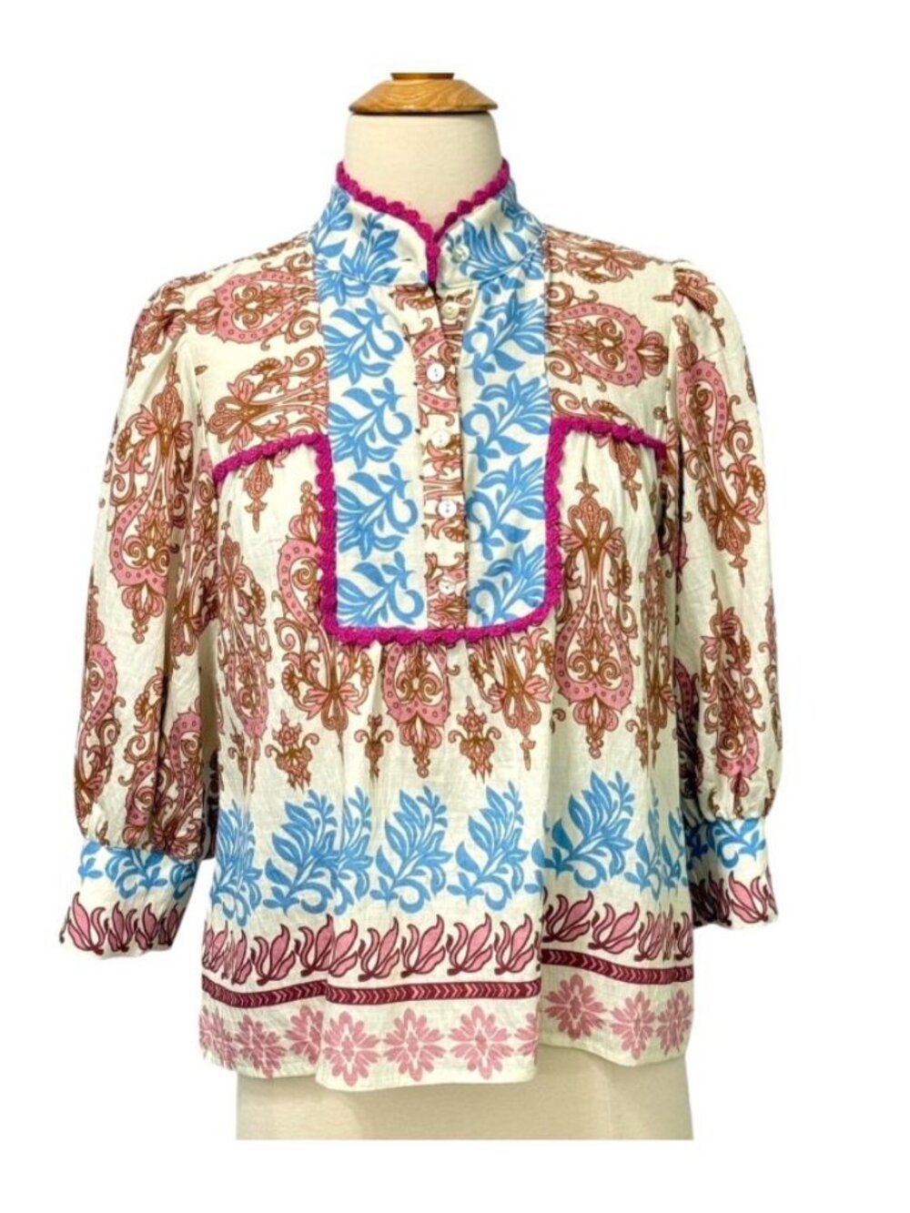THML Anthropologie Womens Rachel Print Top Puff 3/4 Sleeves Popover Boho Size XS